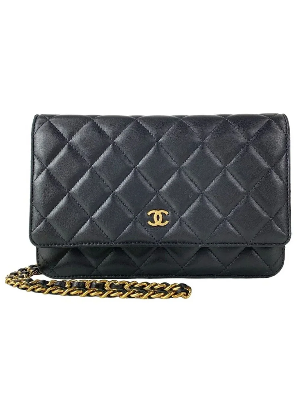 Chanel Wallet Quilted Black Chain Gold Metal Lambskin Shoulder Bag